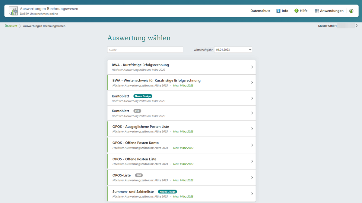 Auswertungsauswahl in DATEV Auswertungen online, u.a. BWA