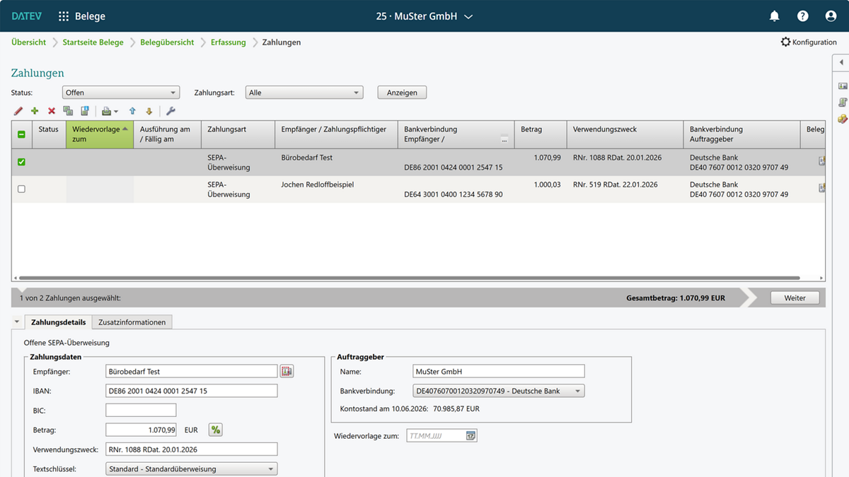 Zahlungen auslösen in DATEV Bank online