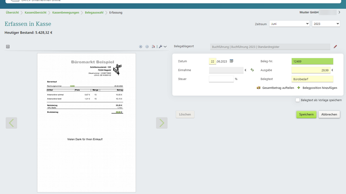 Kassenerfassung in DATEV Kassenbuch online
