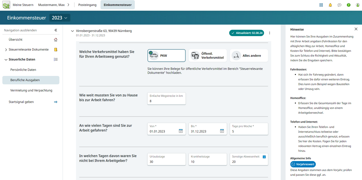 Erfassung steuerlicher Daten in DATEV Meine Steuern