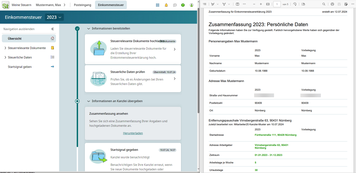 &Uuml;bersicht der Einkommensteuererkl&auml;rung in DATEV Meine Steuern