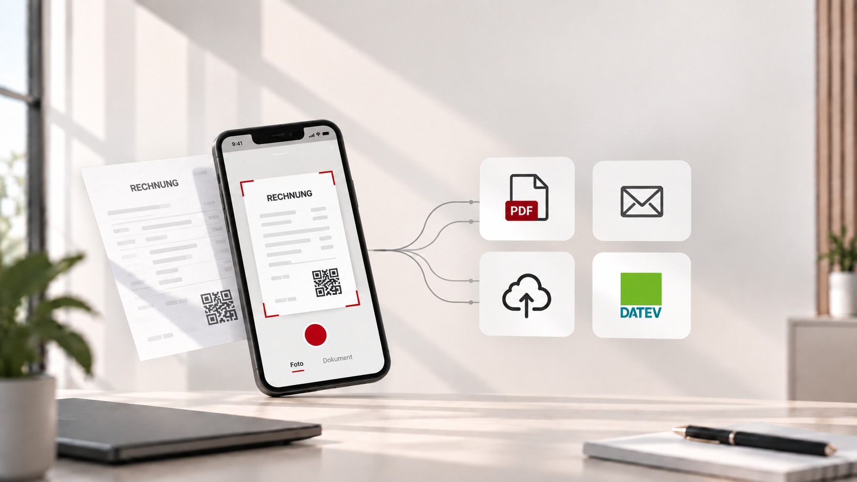 Beleg-Upload per Smartphone: Rechnung fotografieren und automatisch als PDF, E-Mail, Cloud-Upload oder DATEV weiterverarbeiten
