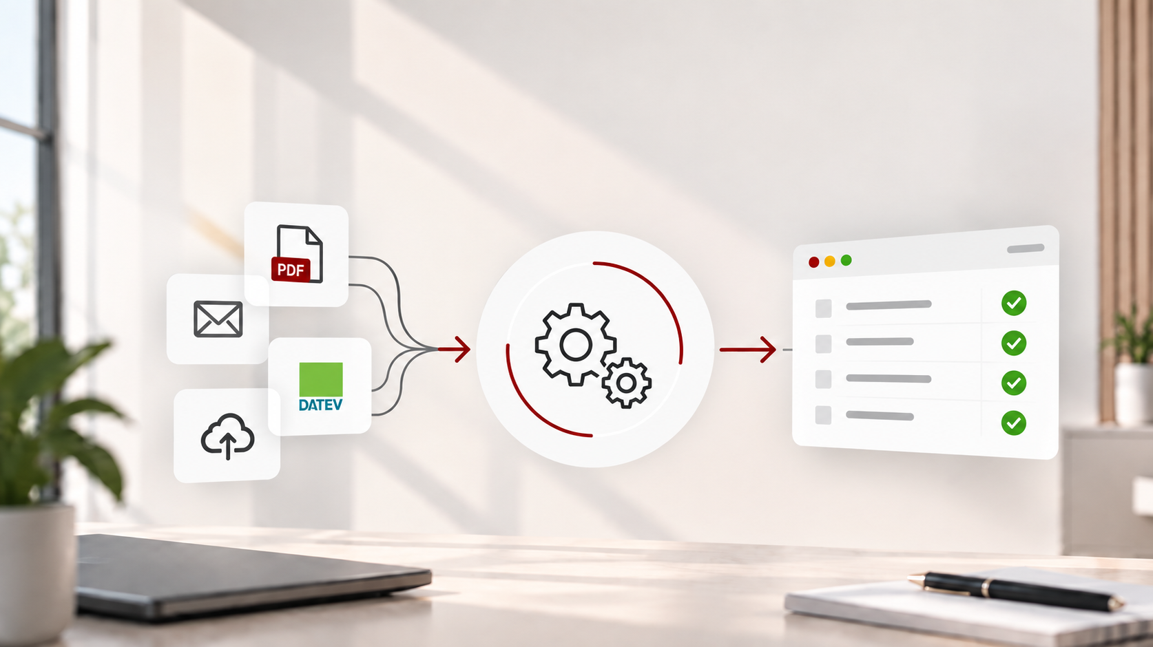 Digitaler Verarbeitungsprozess: Belege per E-Mail, PDF, DATEV oder Cloud-Upload werden automatisiert verarbeitet und geprüft